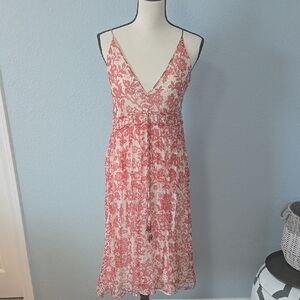 LAUNDRY BY SHELLI SEGAL Red Floral Midi Dress Ruched Waist Silk Sleeveless Sz 10